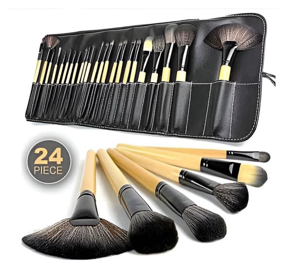 24-Pcs Wooden Handle Brush Set with Leather Pouch Grand Bazaar