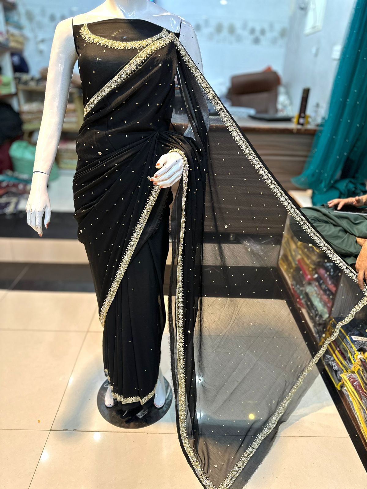 Handwork Chiffon Saree (Unstitched) Grand Bazaar