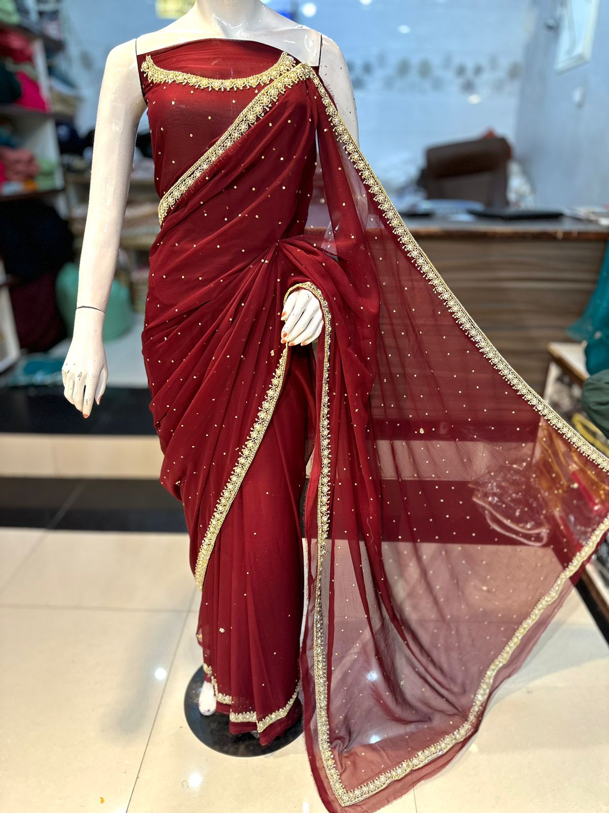 Handwork Chiffon Saree (Unstitched) Grand Bazaar