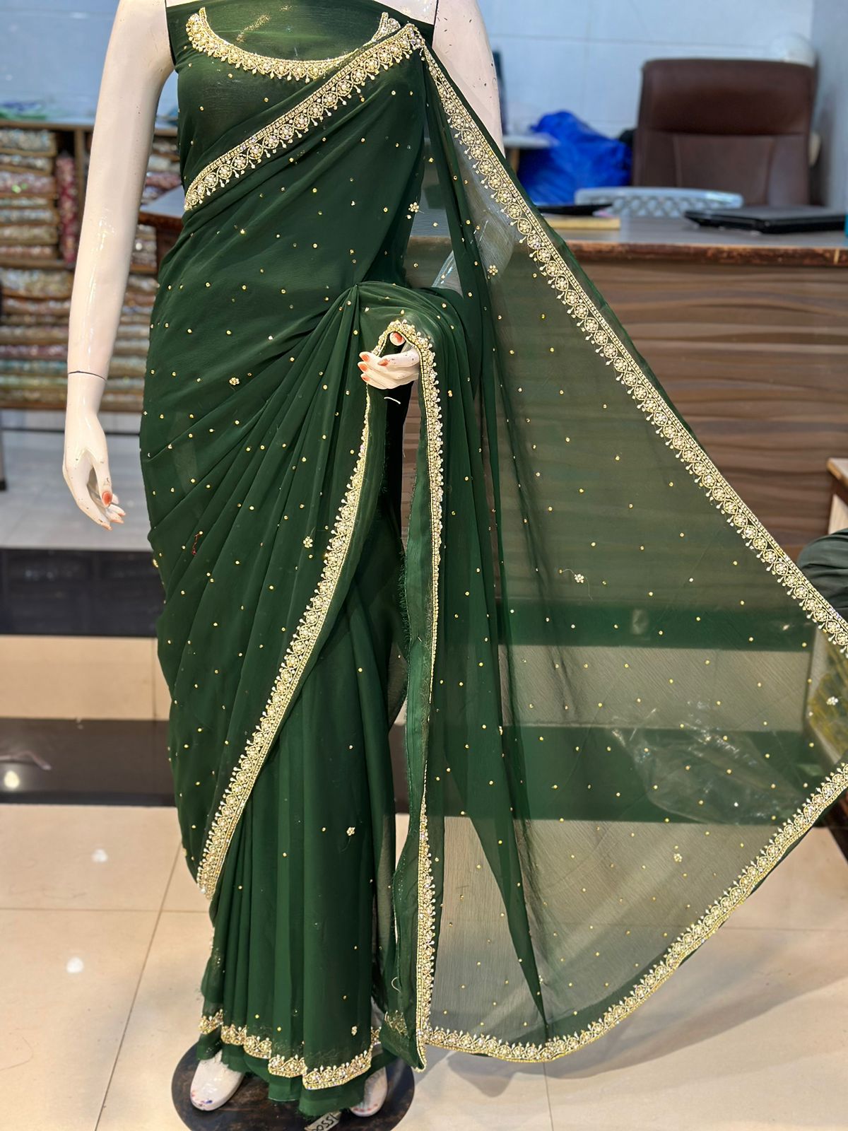 Handwork Chiffon Saree (Unstitched) Grand Bazaar