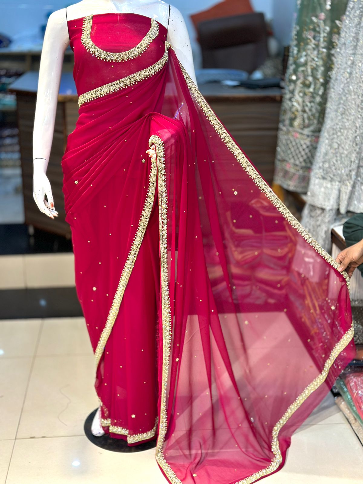 Handwork Chiffon Saree (Unstitched) Grand Bazaar