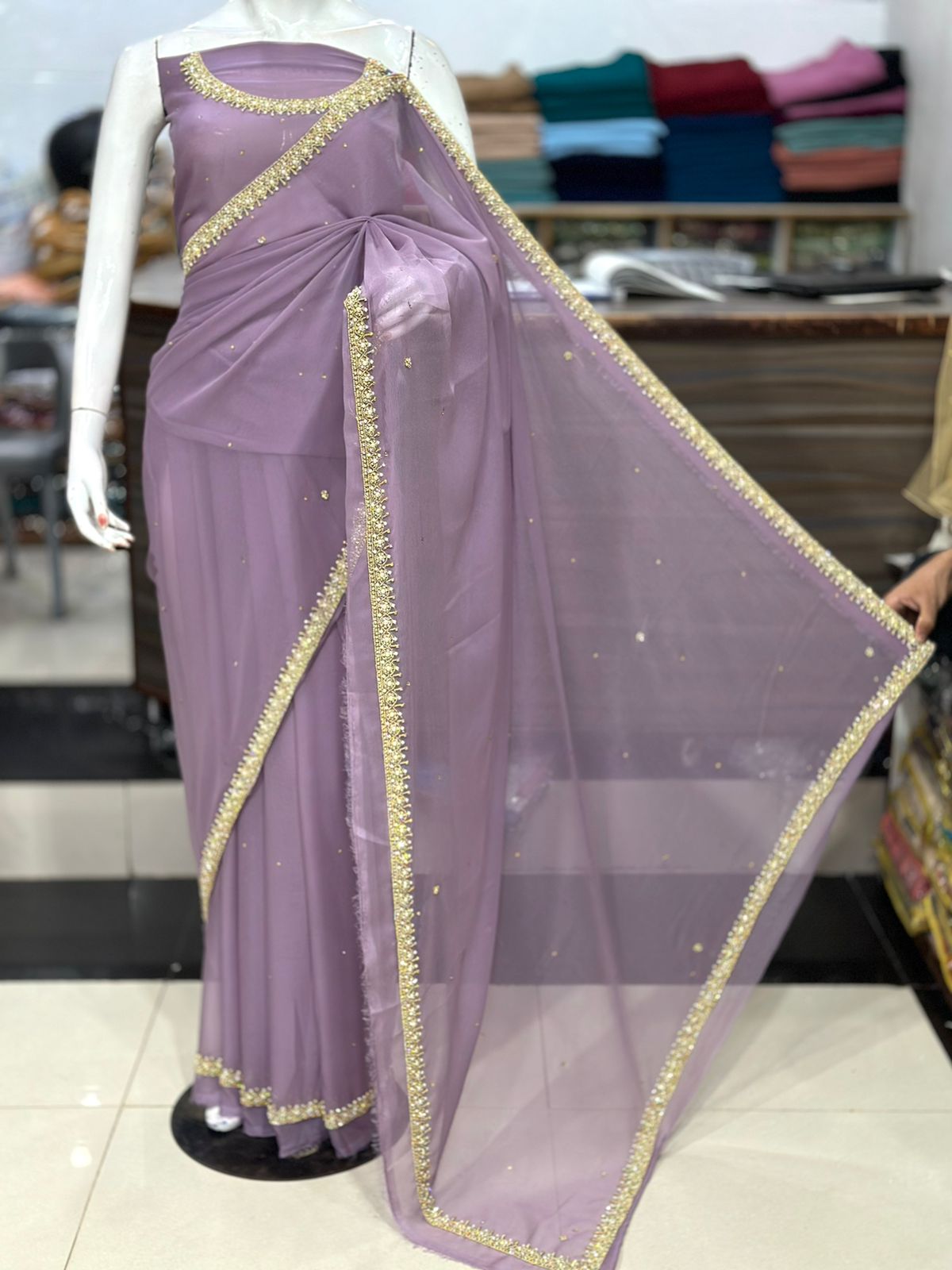 Handwork Chiffon Saree (Unstitched) Grand Bazaar