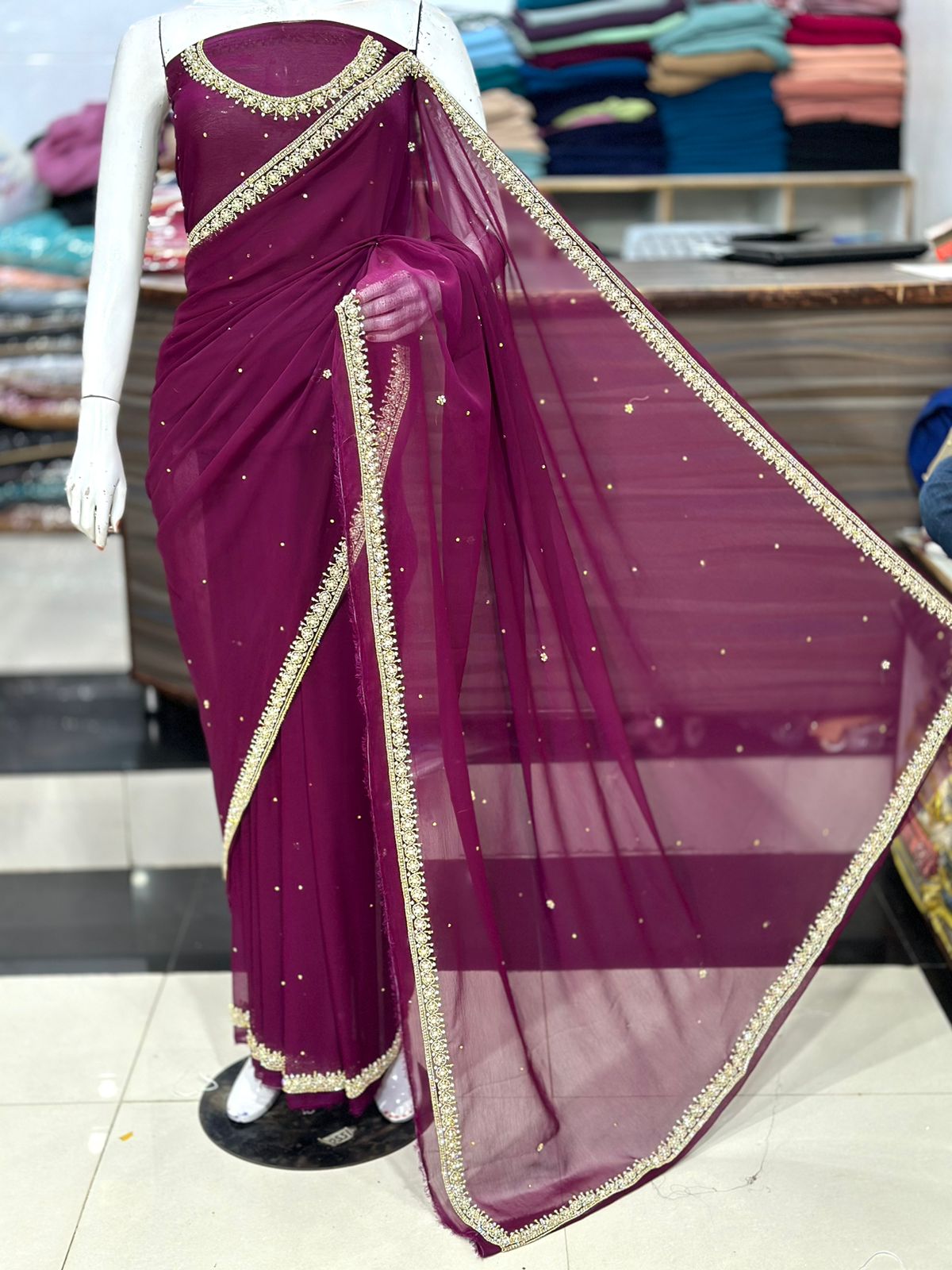 Handwork Chiffon Saree (Unstitched) Grand Bazaar