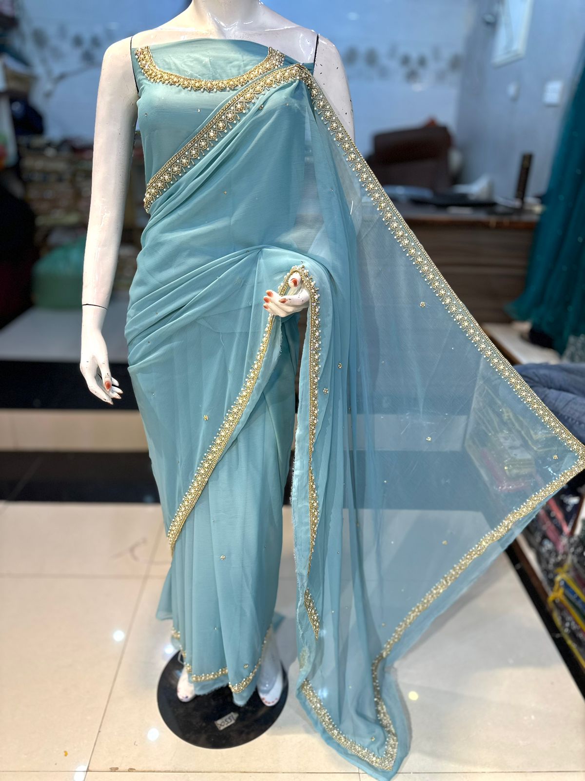 Handwork Chiffon Saree (Unstitched) Grand Bazaar