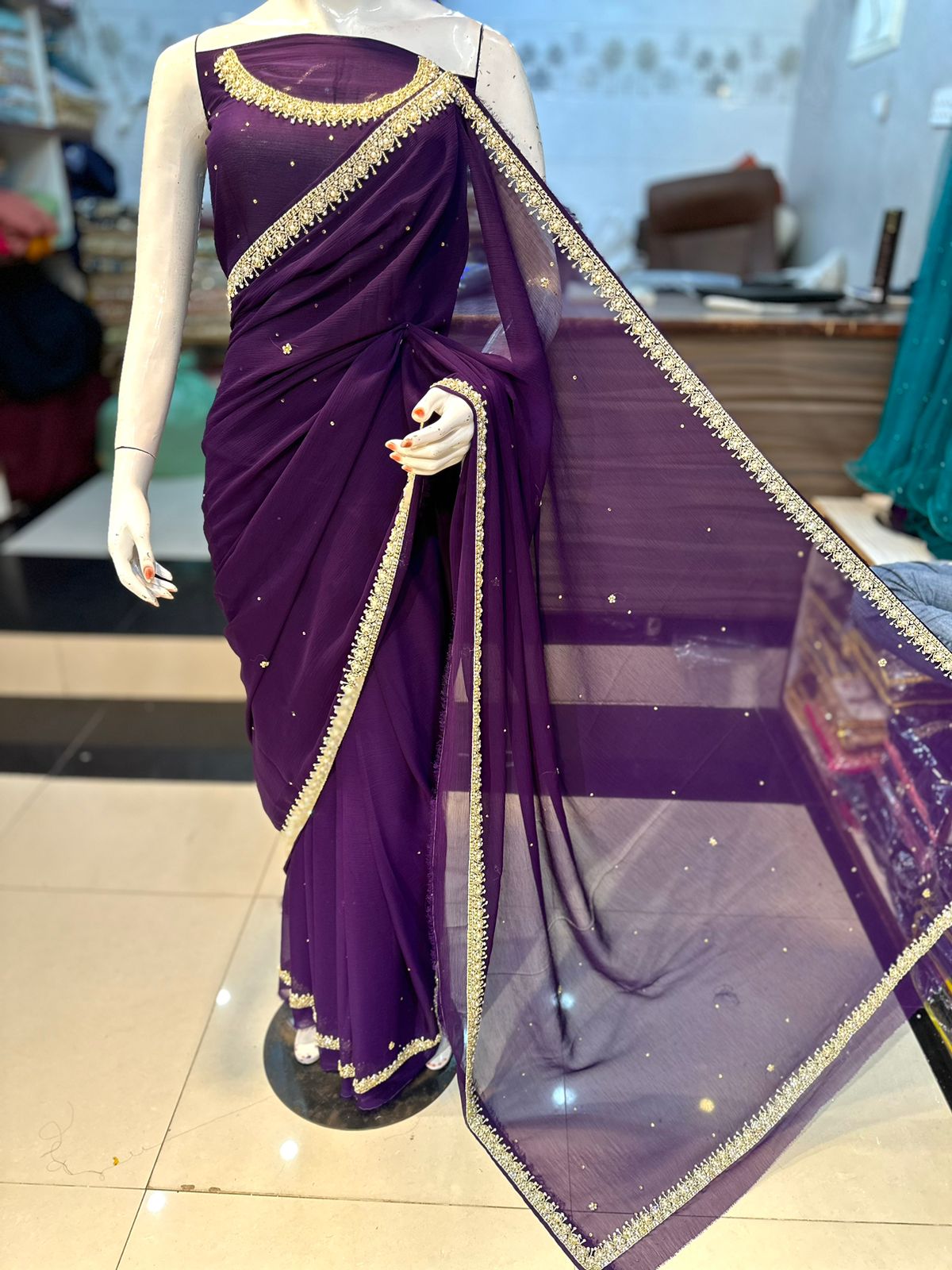 Handwork Chiffon Saree (Unstitched) Grand Bazaar