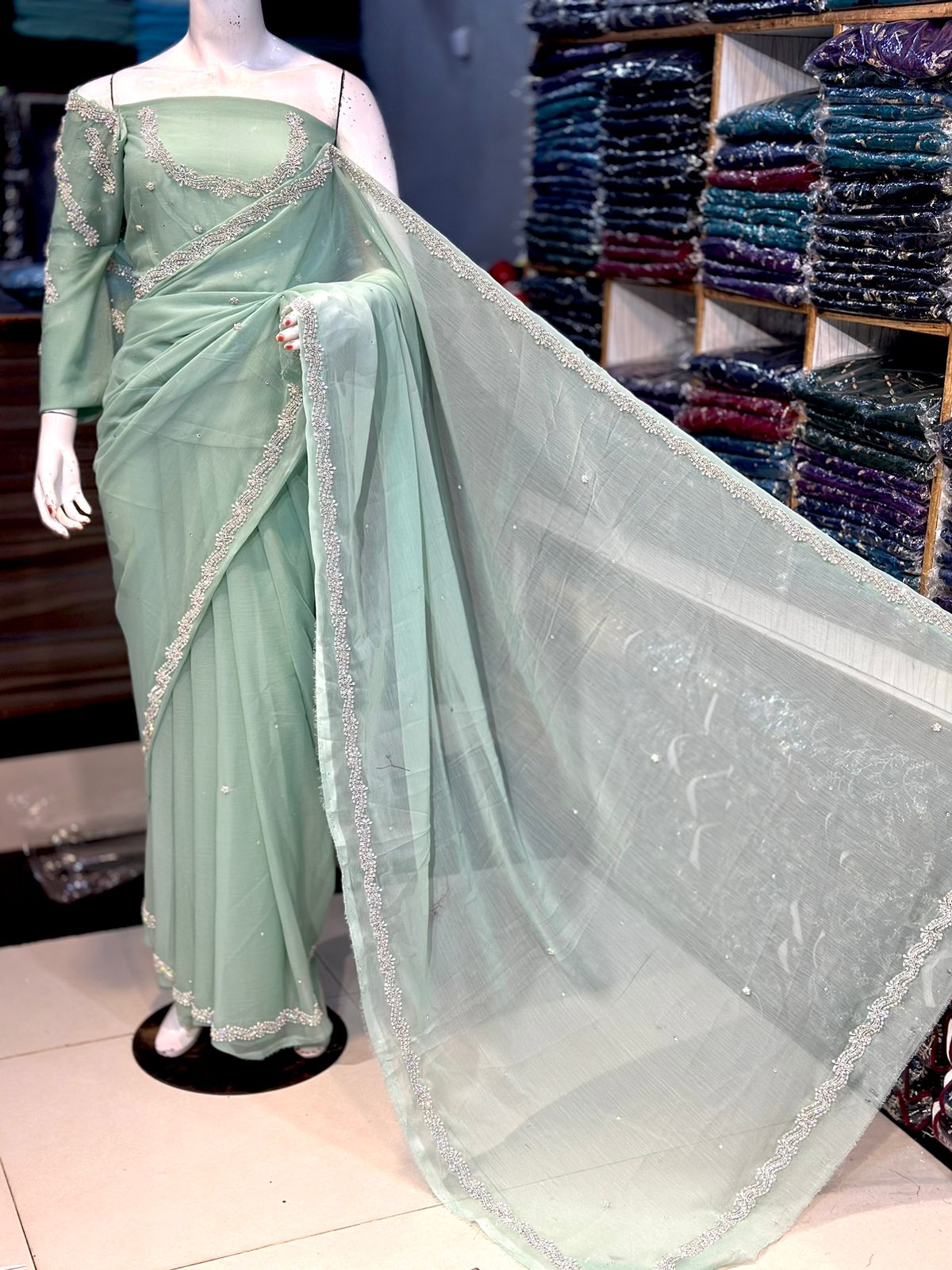 Heavy Sleeves Hand work Chiffon Saree Grand Bazaar