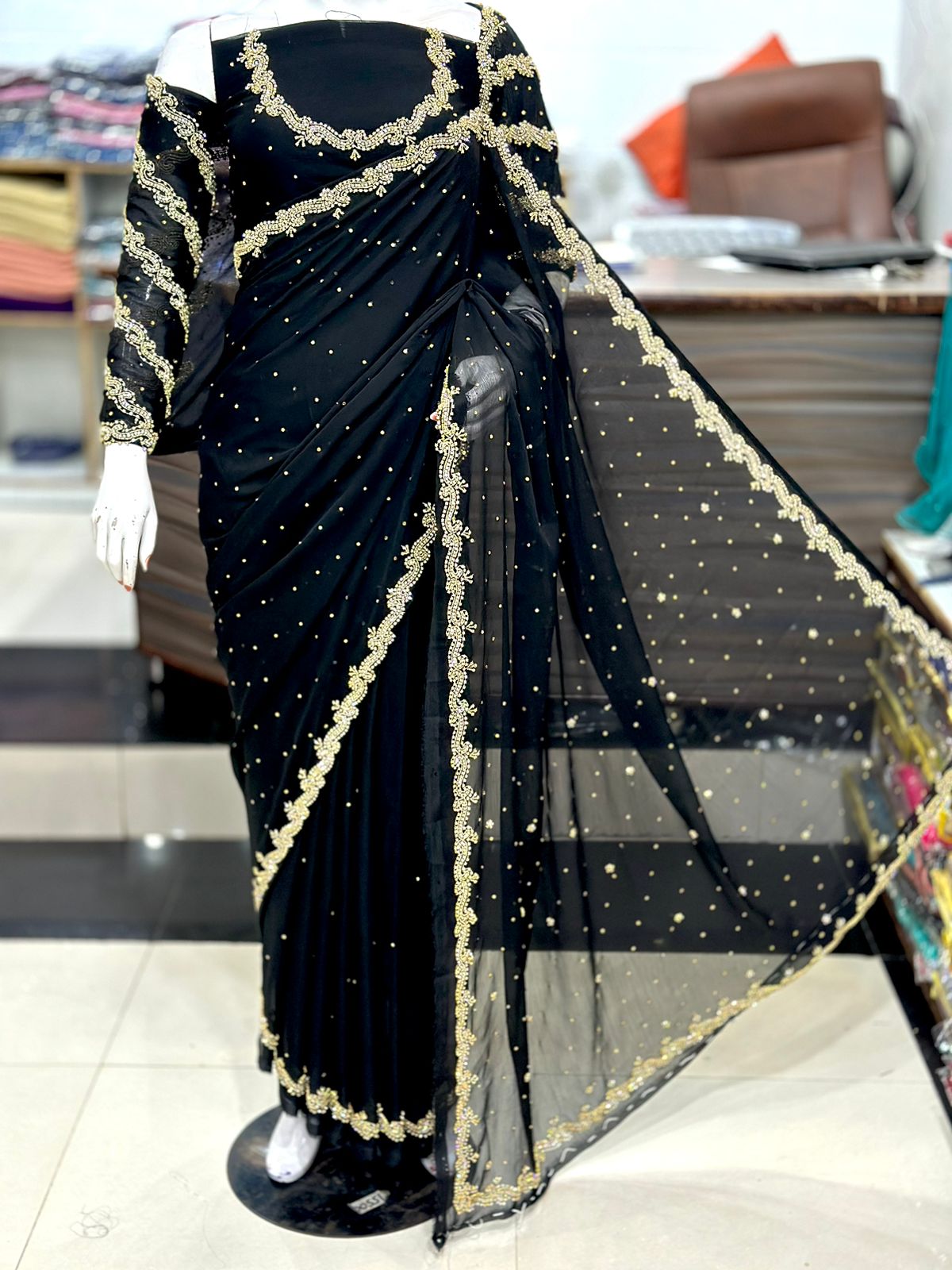 Heavy Sleeves Hand work Chiffon Saree Grand Bazaar