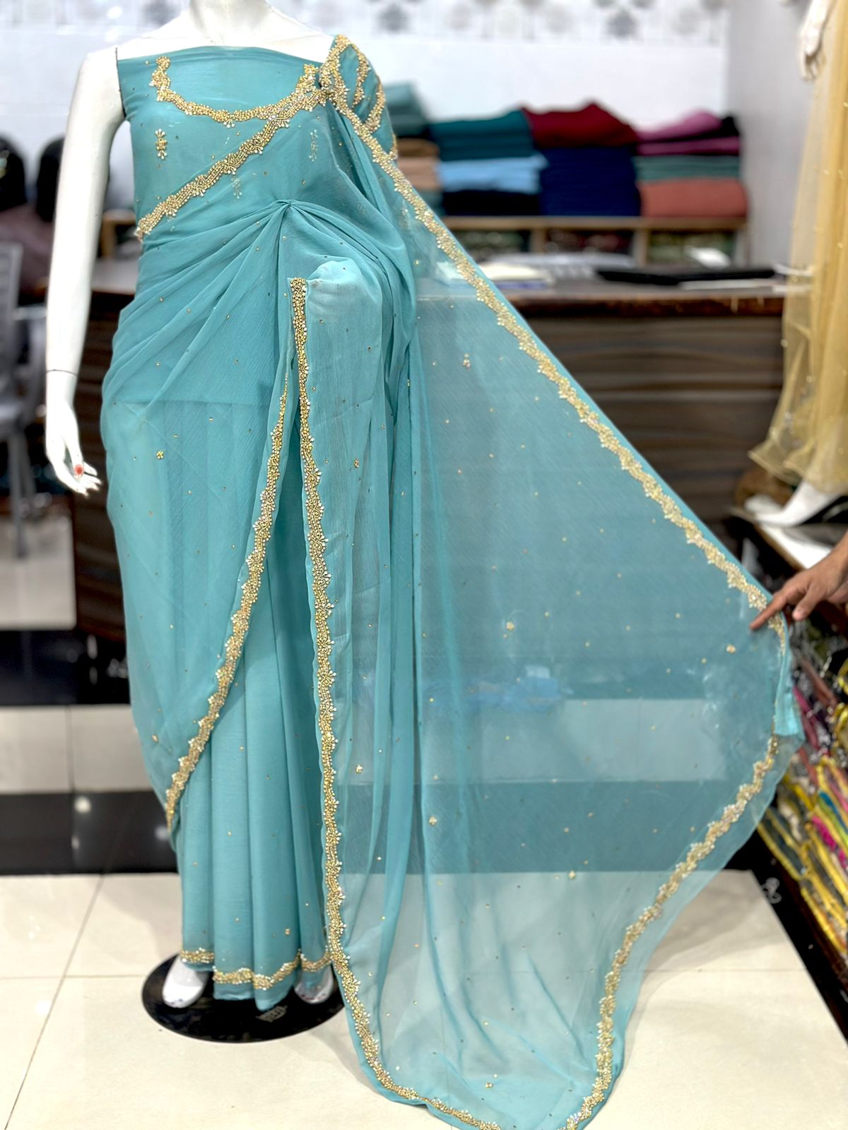 Heavy Sleeves Hand work Chiffon Saree Grand Bazaar