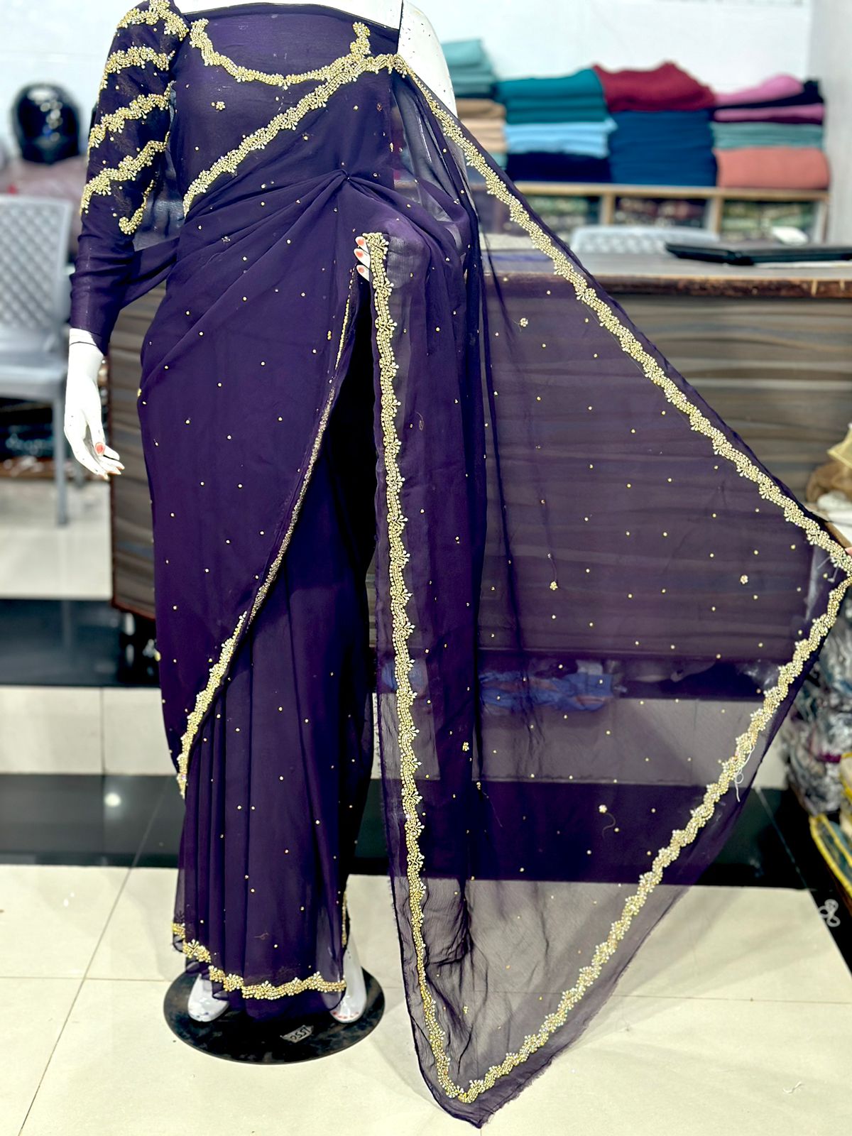 Heavy Sleeves Hand work Chiffon Saree Grand Bazaar