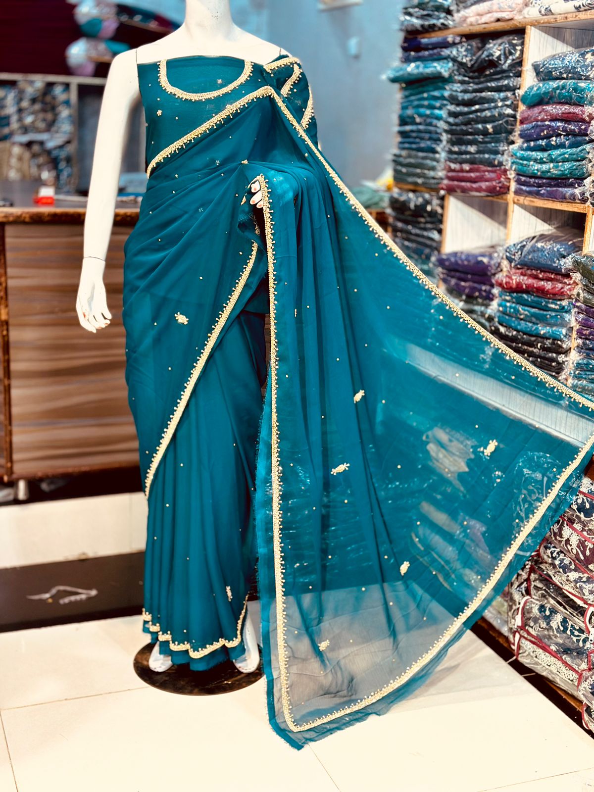 Elegant Heavy Sleeves Handwork Chiffon Saree Grand Bazaar