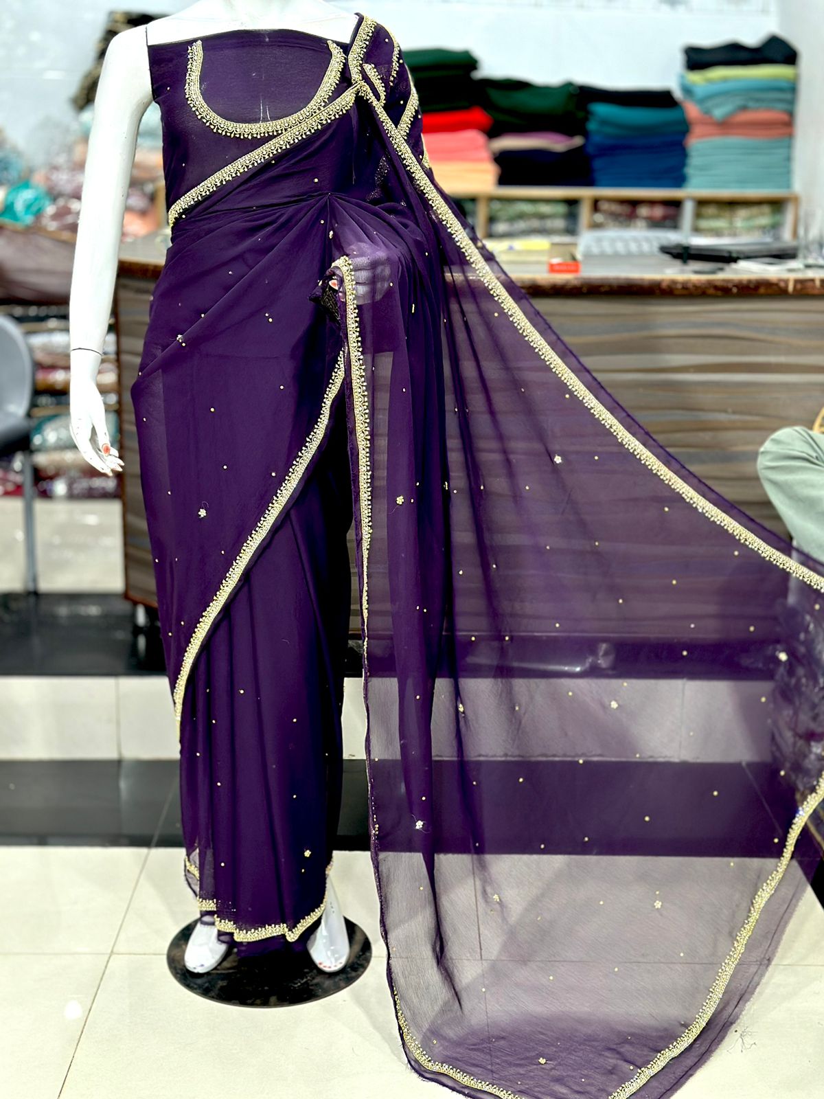 Elegant Heavy Sleeves Handwork Chiffon Saree Grand Bazaar