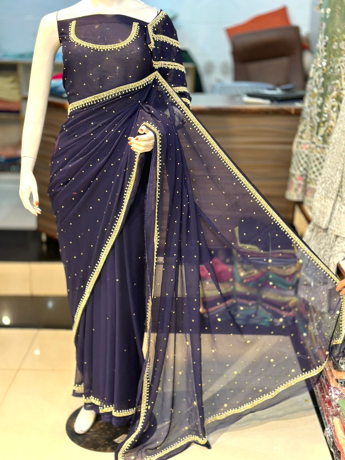 Elegant Heavy Sleeves Handwork Chiffon Saree Grand Bazaar