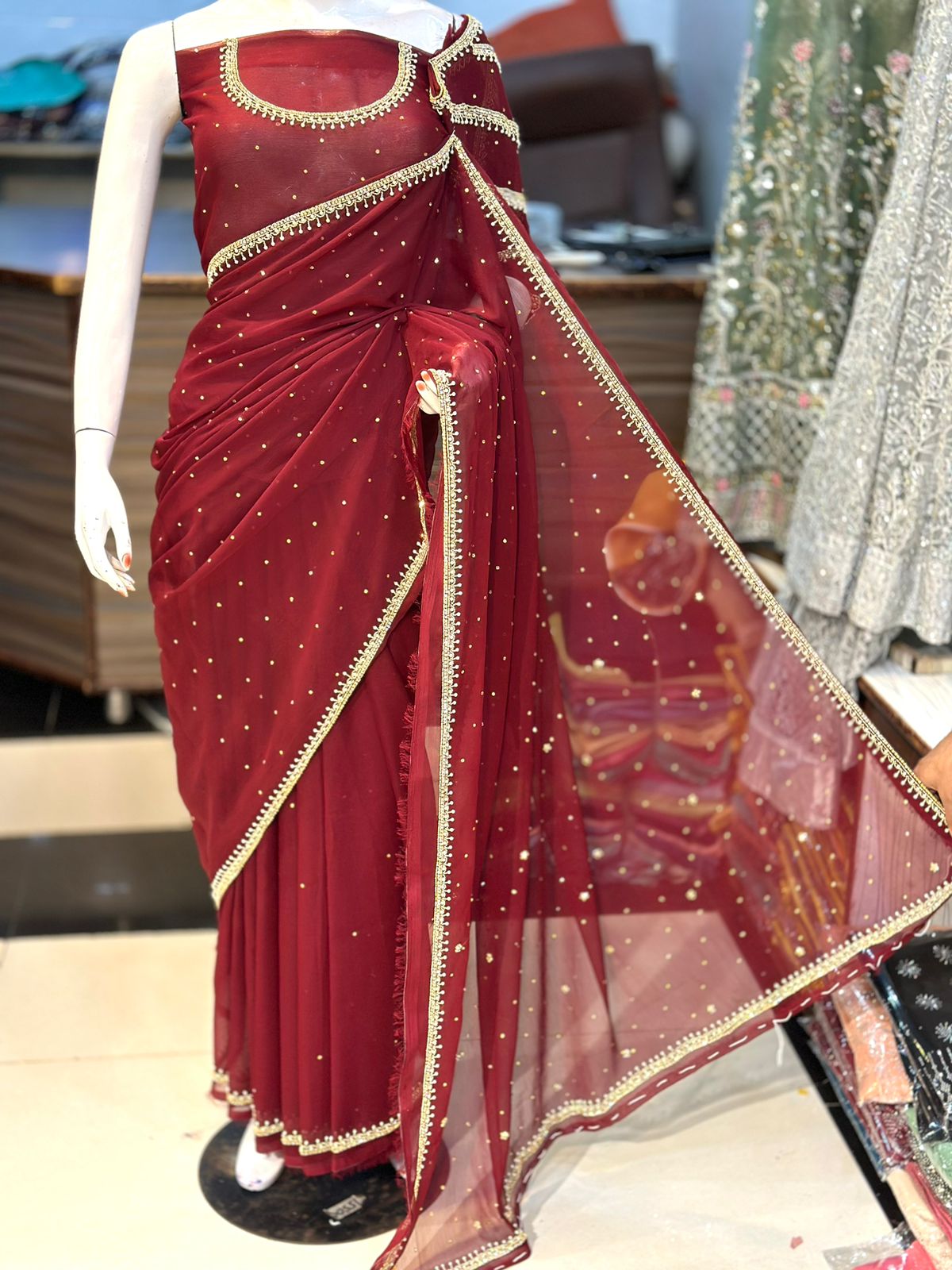 Elegant Heavy Sleeves Handwork Chiffon Saree Grand Bazaar