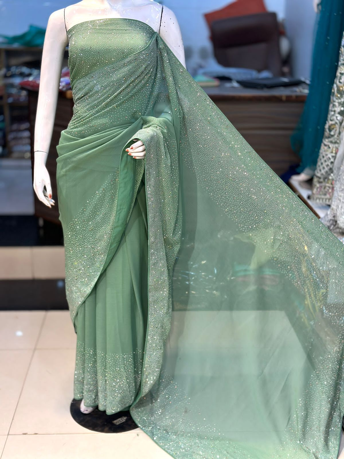 "New Arrival: Original Korean Stonework Chiffon Saree – Unstitched Grand Bazaar