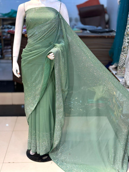 "New Arrival: Original Korean Stonework Chiffon Saree – Unstitched Grand Bazaar