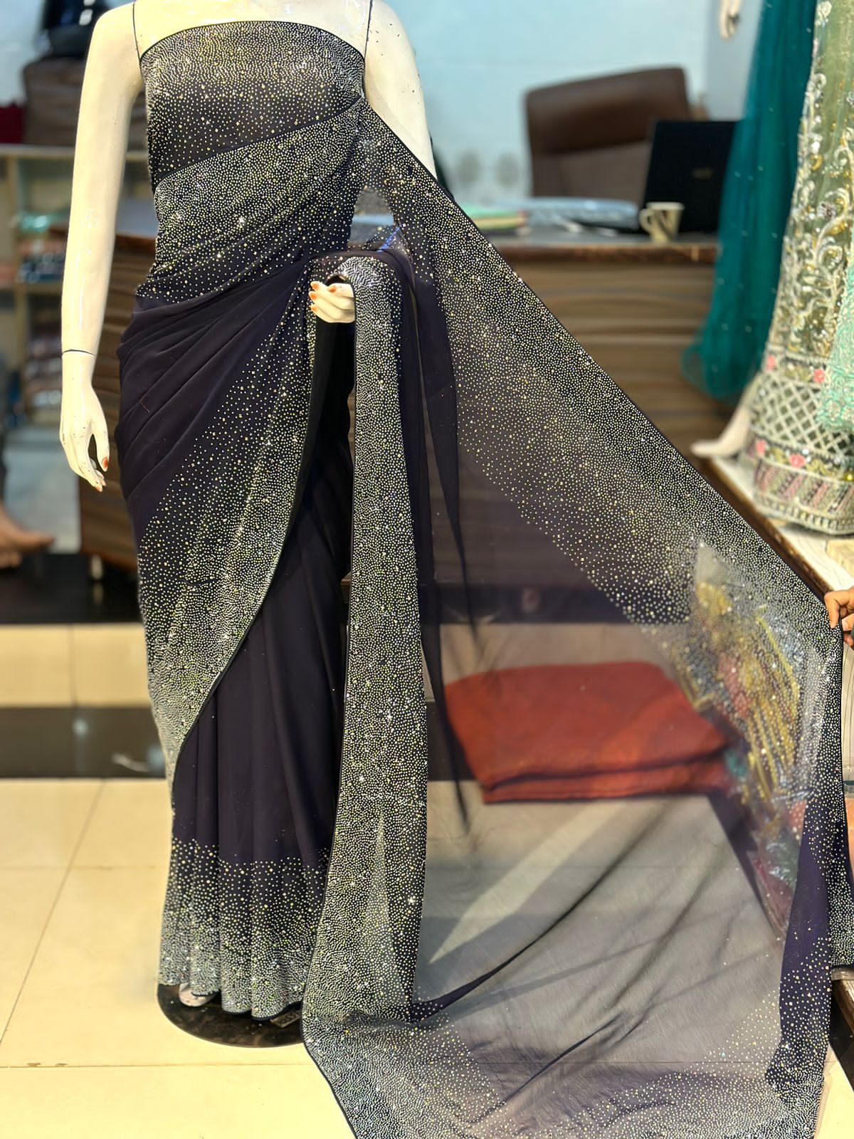 "New Arrival: Original Korean Stonework Chiffon Saree – Unstitched Grand Bazaar