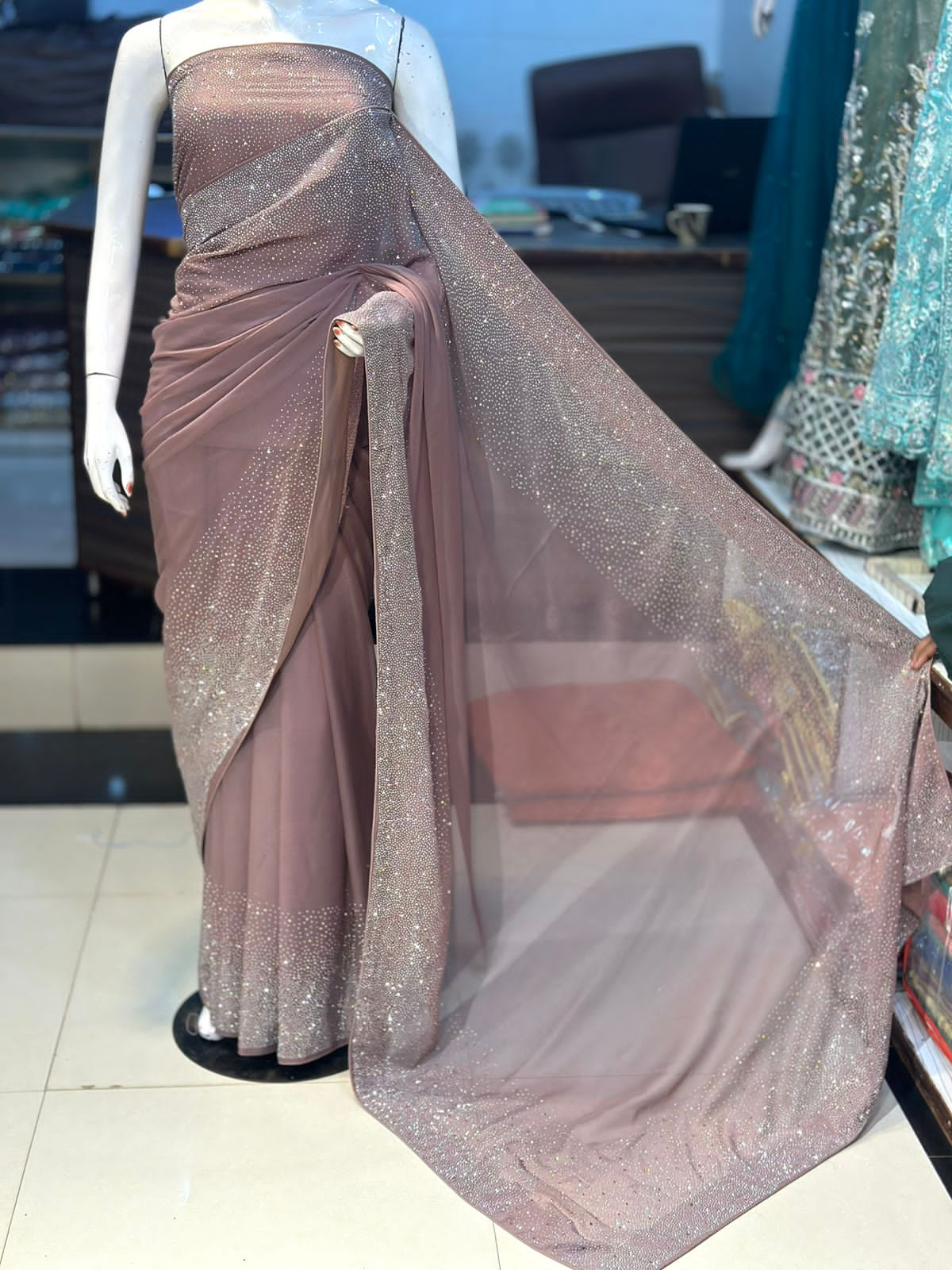 "New Arrival: Original Korean Stonework Chiffon Saree – Unstitched Grand Bazaar