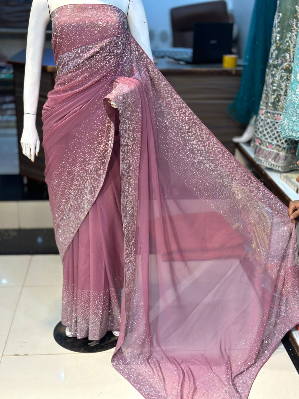 "New Arrival: Original Korean Stonework Chiffon Saree – Unstitched Grand Bazaar