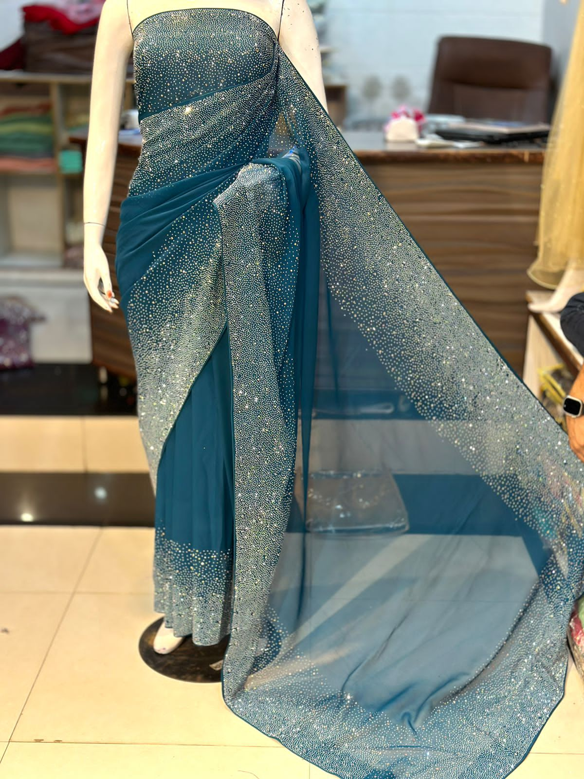 "New Arrival: Original Korean Stonework Chiffon Saree – Unstitched Grand Bazaar