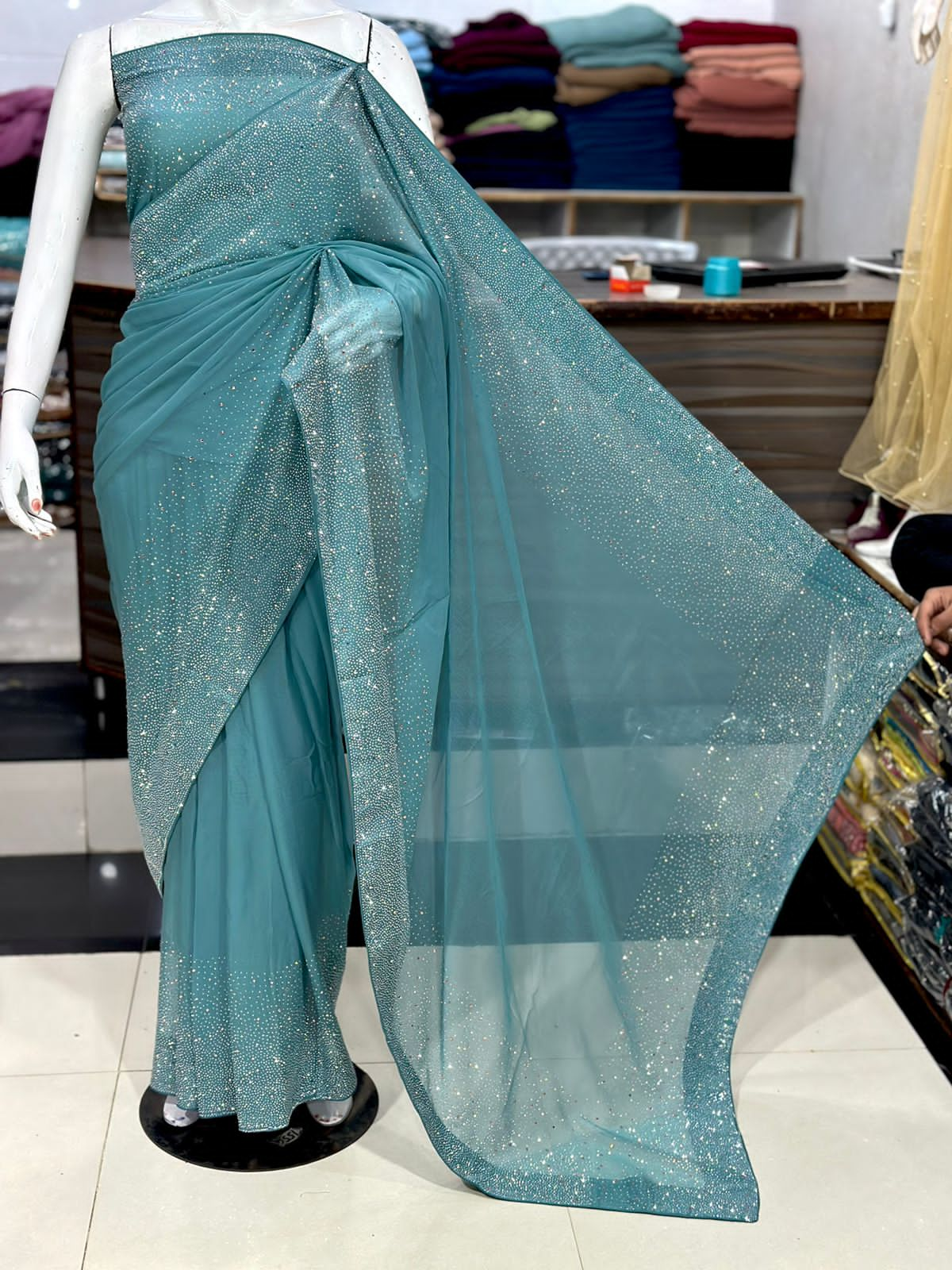 "New Arrival: Original Korean Stonework Chiffon Saree – Unstitched Grand Bazaar