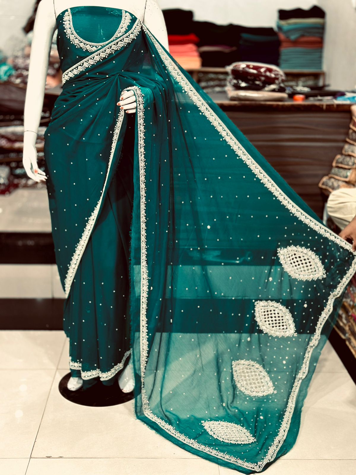 Hand-Embroidered Chiffon Saree with Original Stones