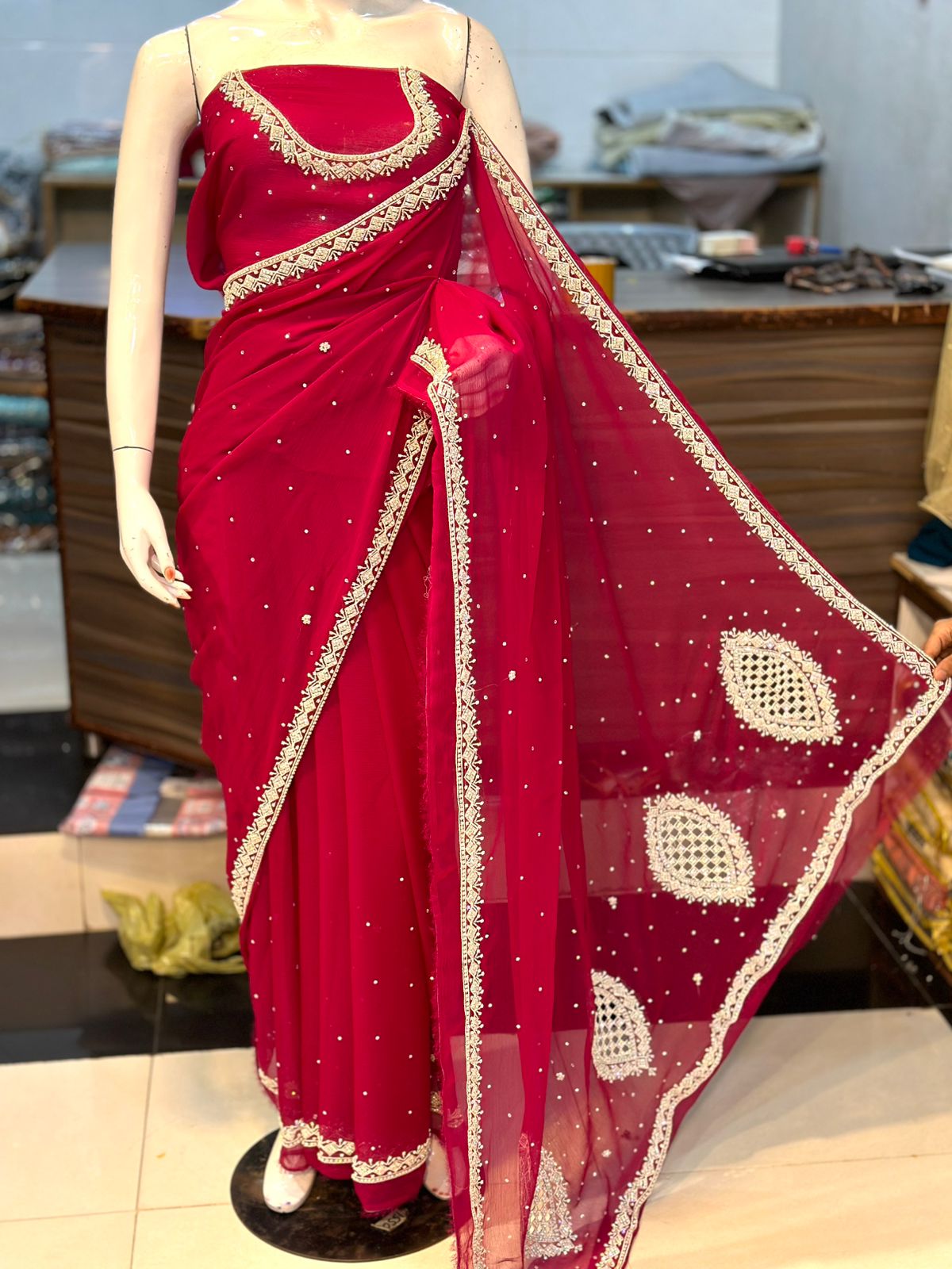 Hand-Embroidered Chiffon Saree with Original Stones