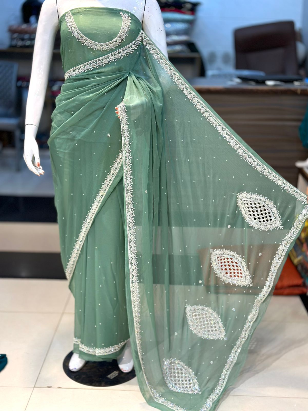 Hand-Embroidered Chiffon Saree with Original Stones