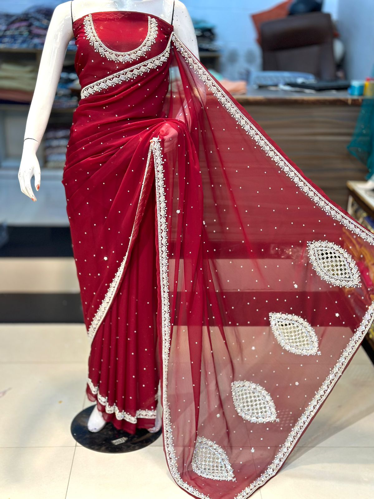 Hand-Embroidered Chiffon Saree with Original Stones