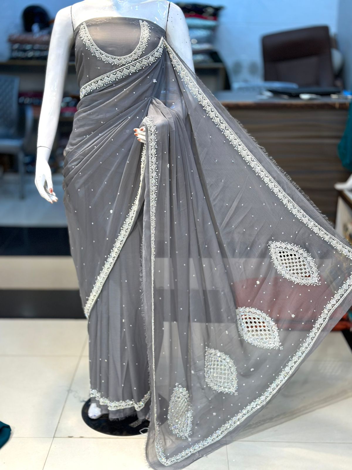 Hand-Embroidered Chiffon Saree with Original Stones