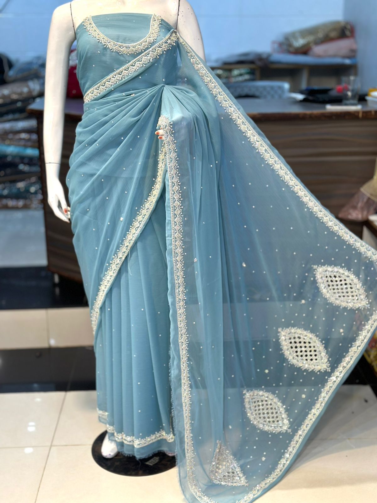 Hand-Embroidered Chiffon Saree with Original Stones