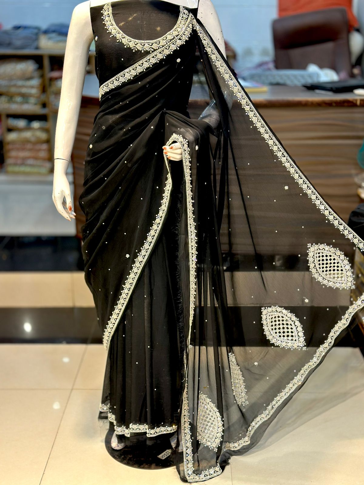 Hand-Embroidered Chiffon Saree with Original Stones