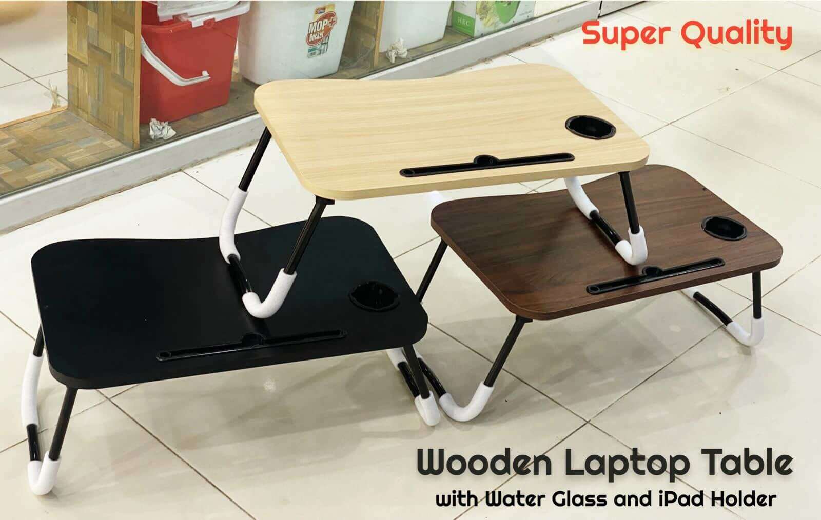 Fine Quality Foldable Wooden Laptop Table with Glass &amp; Mobile Holder – Mix Colors Grand Bazaar