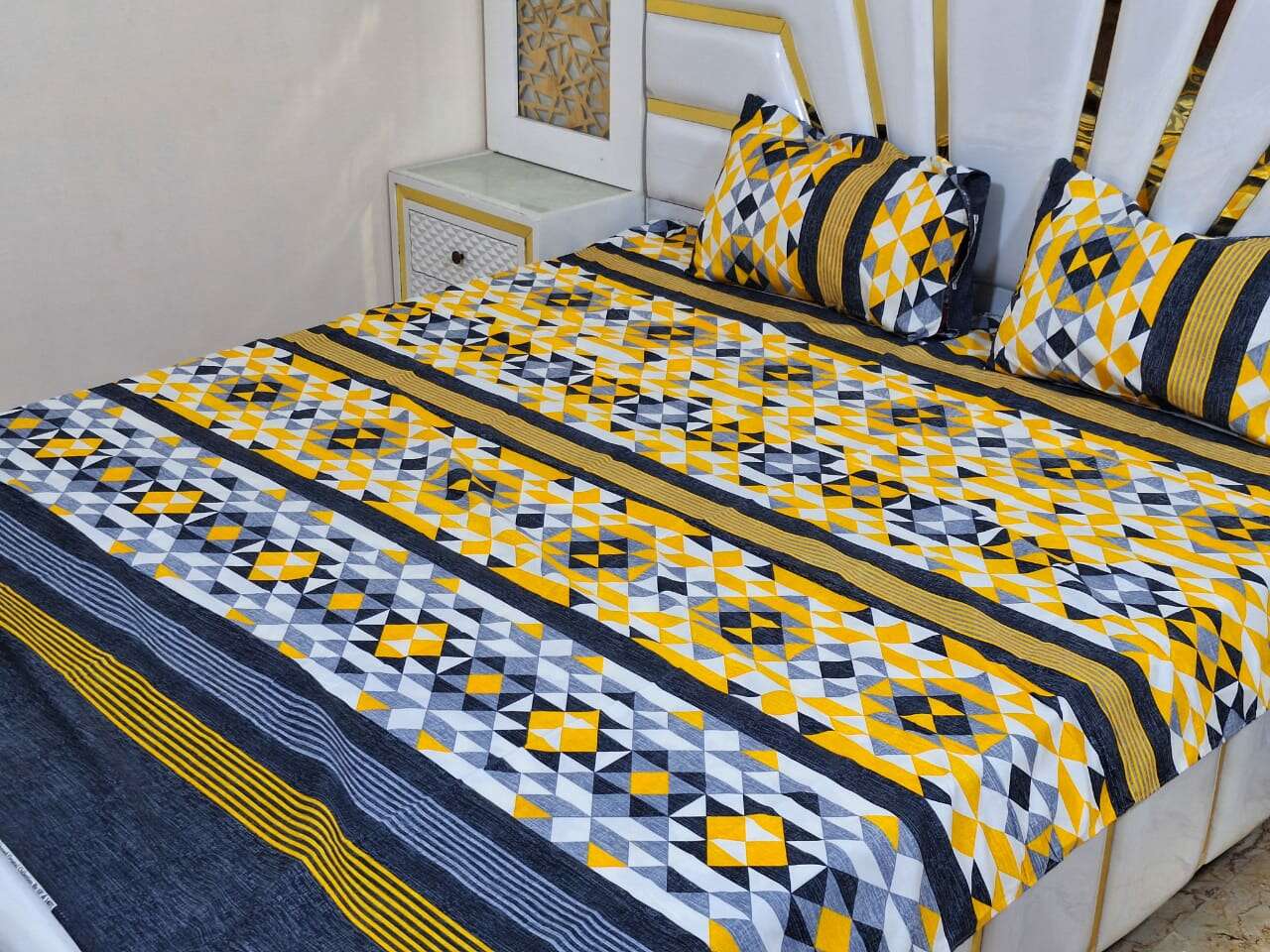 3D Cotton Satin King Size Bedsheet | Yellow Grand Bazaar