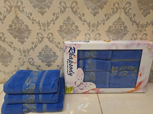 Premium Towel Box Set | 3-Piece 100% Cotton Towels | High-Quality Bath & Hand Towels - Royal Blue Grand Bazaar