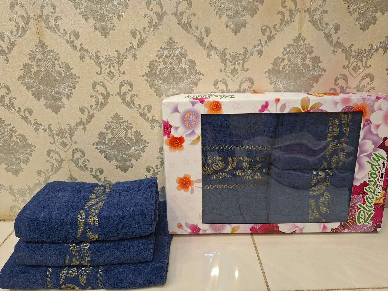 Premium Towel Box Set | 3-Piece 100% Cotton Towels | High-Quality Bath & Hand Towels - Navy Blue Grand Bazaar